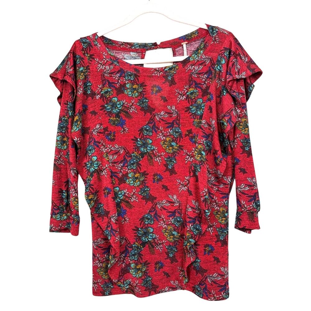 Free People Womens S Red Floral Dock Street Ruffle Stretch Boho Top NEW - Picture 2 of 8